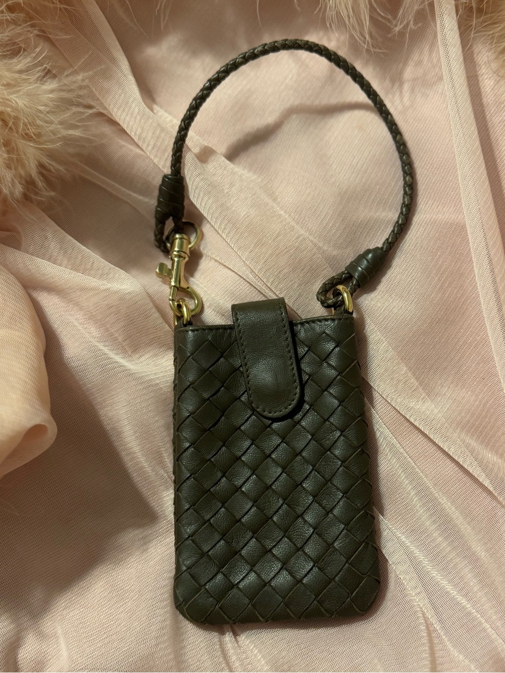 Bottega Veneta Intrecciato Leather Phone Pouch / Wristlet - Chocolate Brown